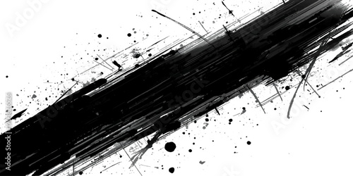 An abstract black ink splat creates a grunge texture pattern with paint splatters and a dirty spray border on a white vector illustration design element