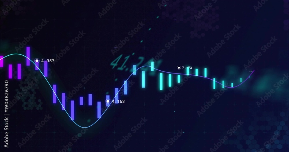 Fototapeta premium Displaying market chart on dark grid, showing cyan pink candlesticks, neon trend, markers