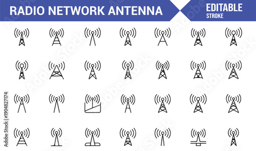 Radio Network Antenna Outline Icon Set Editable Vector