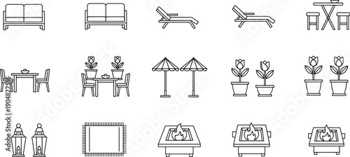 Black and white line icons of outdoor patio furniture garden decor seating tables sun umbrellas and fire pits for backyard landscaping.