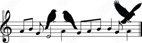Black silhouette of birds sitting on musical staff notes with treble clef for creative song melody and nature harmony concept.
