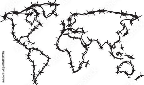 Silhouette of barbed wire forming a world map, global conflict symbolism
