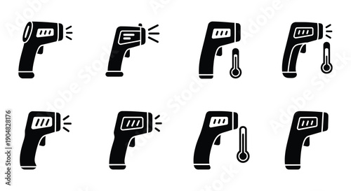 Collection of black and white infrared thermometer icons with varying designs