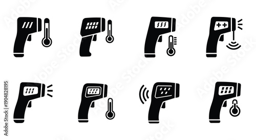 Collection of black and white infrared thermometer icons with varying designs