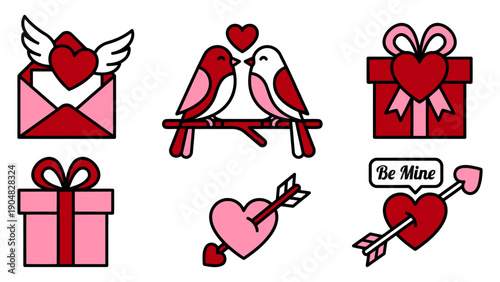 Valentines Day Love Sticker Set Hearts Birds Gift Box Romance Symbols Cute Greeting Design Romantic Elements flat vector illustration