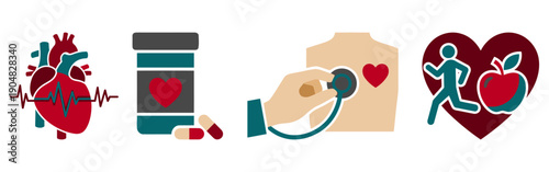 Cardiology healthcare medical heart checkup healthy lifestyle medicine bottle ECG stethoscope doctor examination cardiovascular wellness icon collection Flat vector illustration