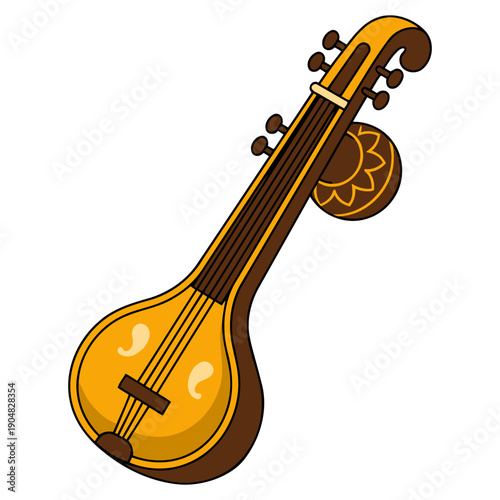 Indian Classical Veena Musical Instrument Traditional String Music Culture Festival Heritage Art Decorative Icon flat vector illustration