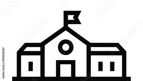 School building icon illustration with flag, education institution and learning facility concept in simple outline style