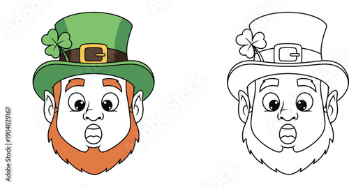 Surprised Leprechaun face vector. St. Patrick's Day icon with green hat. Colored and outline illustration for coloring book page.