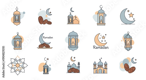 Ramadan Islamic Icons Set: Lanterns, Crescent Moon, Dates, Mosque, Mandala