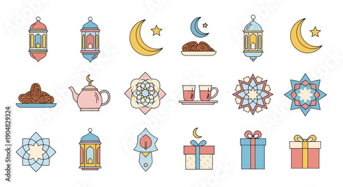 Ramadan Kareem Icons: Lanterns, Moon, Dates, Tea, Gifts, Geometric Patterns