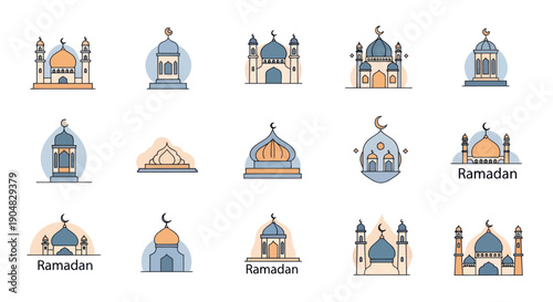 Ramadan Islamic Mosques and Lanterns Icons Set