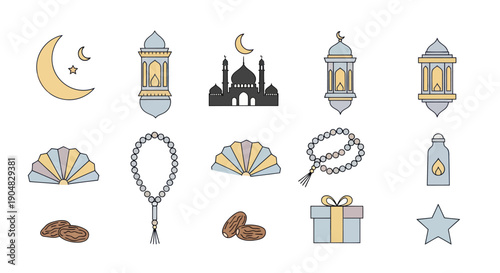 Ramadan Kareem Icons: Crescent Moon, Lanterns, Mosque, Dates, Gift, Rosary, Star