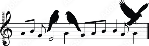 Title (20 Words) Detailed silhouette illustration of birds perched on musical staff with notes and treble clef for creative melody and song design