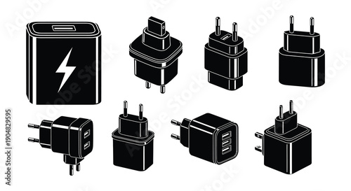 Various black power adapter plugs and a portable power bank illustration