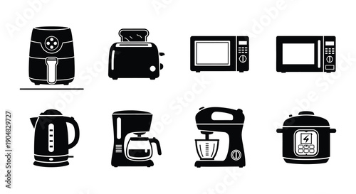 Black silhouette icons depicting various common kitchen appliances