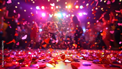 Vibrant party scene with falling heart confetti and stage lights