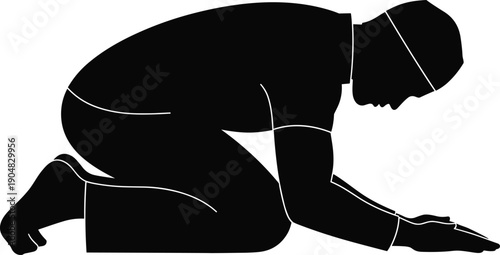 Black Silhouette of Person Kneeling in Prayer with Head Bowed and Hands on Ground, Symbolizing Devotion, Humility, and Spiritual Practice