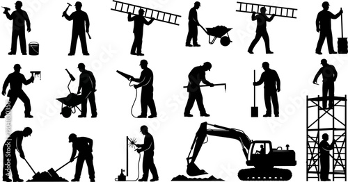Collection of construction workers silhouettes performing various tasks with tools and heavy equipment.