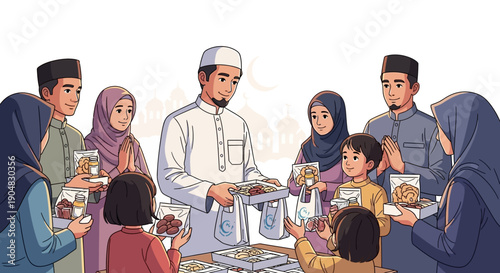 Muslim family sharing dates and food during iftar, a traditional Ramadan gathering with a warm and intimate atmosphere.