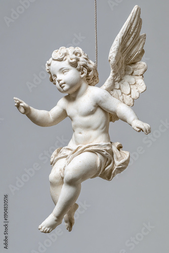 White Cherub Statue Suspended, Classical Angelic Putto Sculpture