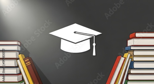Graduation cap and stacks of books on dark background