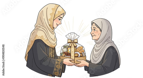 Illustration of two Muslim women in headscarves sharing dates in a vector graphic with a white background, conveying a sense of community during Ramadan.