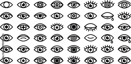A collection of various eye icons in a minimalist black and white design