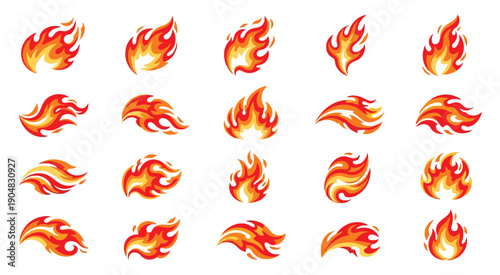  collection of diverse fire flame icons representing heat, energy, passion, and danger, perfect for graphic design, web, and digital applications, presented in a vector format