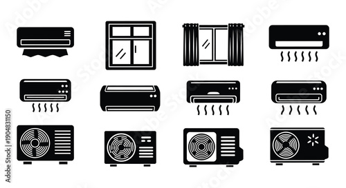 Black and white icons depicting various air conditioning units and windows