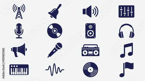 Collection of modern music and audio icons in dark blue