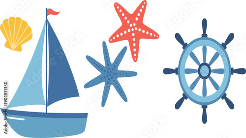Minimalist nautical vector illustration featuring a blue sailboat, colorful starfish, yellow seashell, and ship wheel