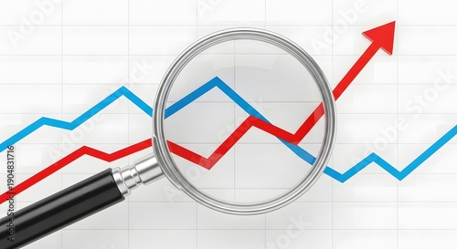 Magnified graph with upward trend and red arrow indicating growth