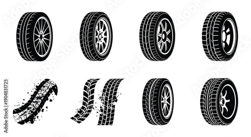 Various tire designs and tread patterns displayed in black and white