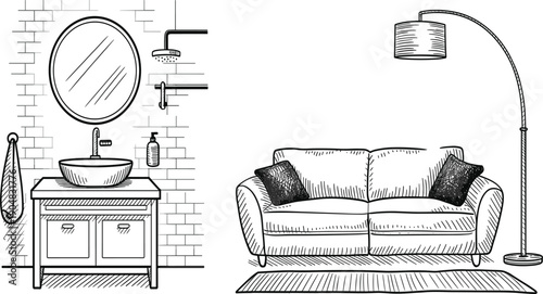 Minimalist architectural sketch featuring bathroom sink vanity and a comfortable sofa with floor lamp interior