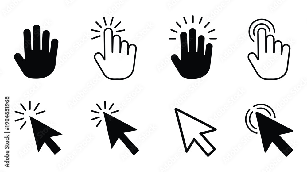 Obraz premium Computer Cursor Icon set. modern mouse pointers and hand symbols for digital design