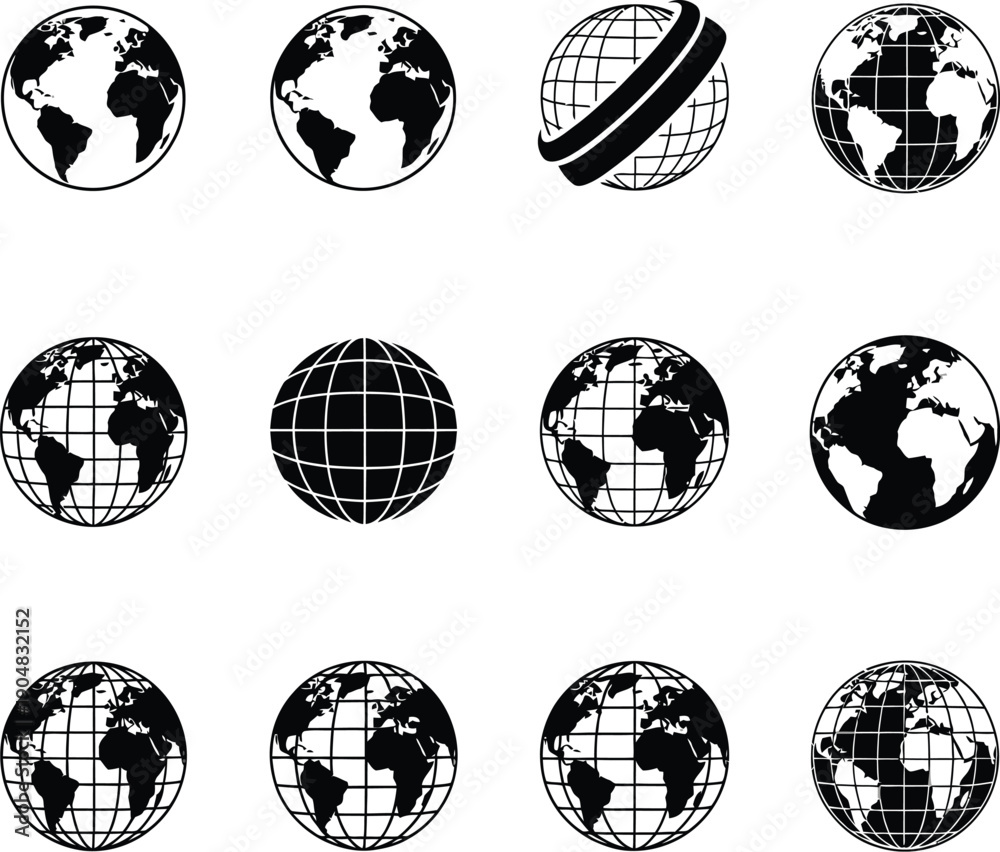 Obraz premium A set of black and white vector globe icons on a plain background