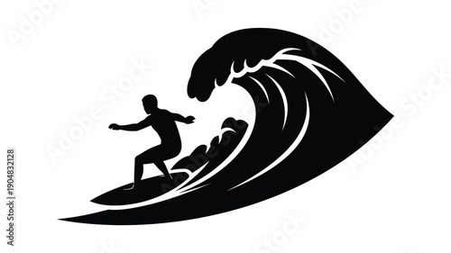 a surfer riding a large wave dynamic action graphic silhouette