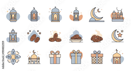Ramadan Icons: Lanterns, Moon, Dates, Mosque, Gifts - Pastel Colors