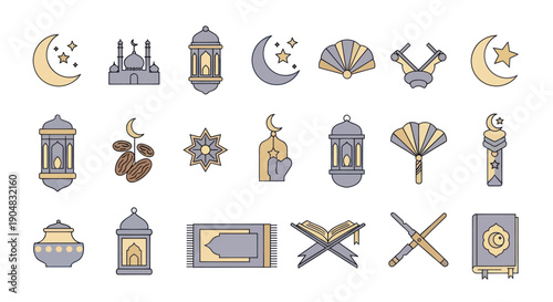 Ramadan Icons Set: Moon, Mosque, Lanterns, Quran, Prayer Mat, Dates, Fan