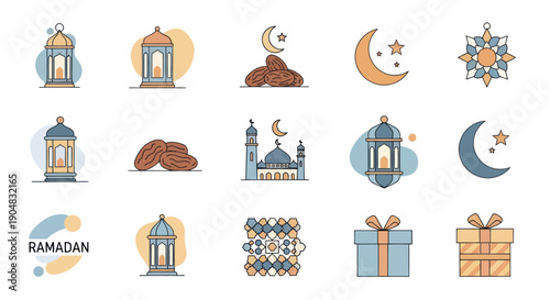 Ramadan Icons Set: Lanterns, Dates, Mosque, Moon, Stars, Gift Boxes - Islamic Holiday