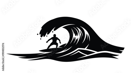 a surfer riding a large wave black and white graphic illustration silhouette