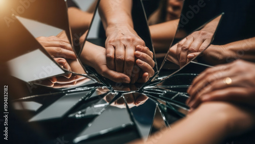 Hands reaching for each other through broken mirror pieces, emotional connection, abstract composition, copy space

