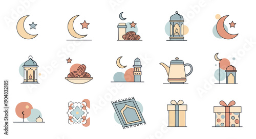 Ramadan Icons Set: Crescent Moon, Lantern, Dates, Mosque, Prayer Mat, Gift Box