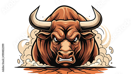 Strong and aggressive brown bull charging forward with smoke and dust clouds rising from the ground against a clean white background.
