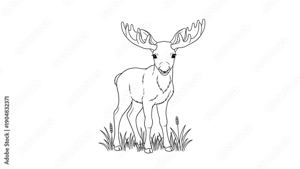 Fototapeta premium Simple black and white line drawing of a young moose with small antlers standing in a small patch of grass on a white background.
