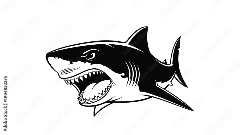 Naklejka premium Illustration of a great white shark with a fierce expression and sharp teeth isolated on a simple white background.