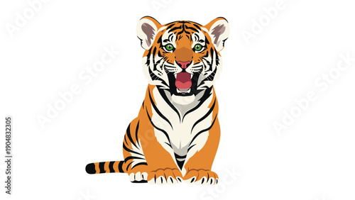 Cute baby tiger cub with bright green eyes sitting on the ground and looking forward with a friendly facial expression.