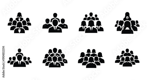 Black silhouettes depicting various sized groups of business people