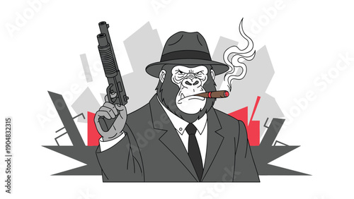 Gorilla mafia boss in a grey suit and fedora holding a shotgun while smoking a cigar in front of a stylized city background.